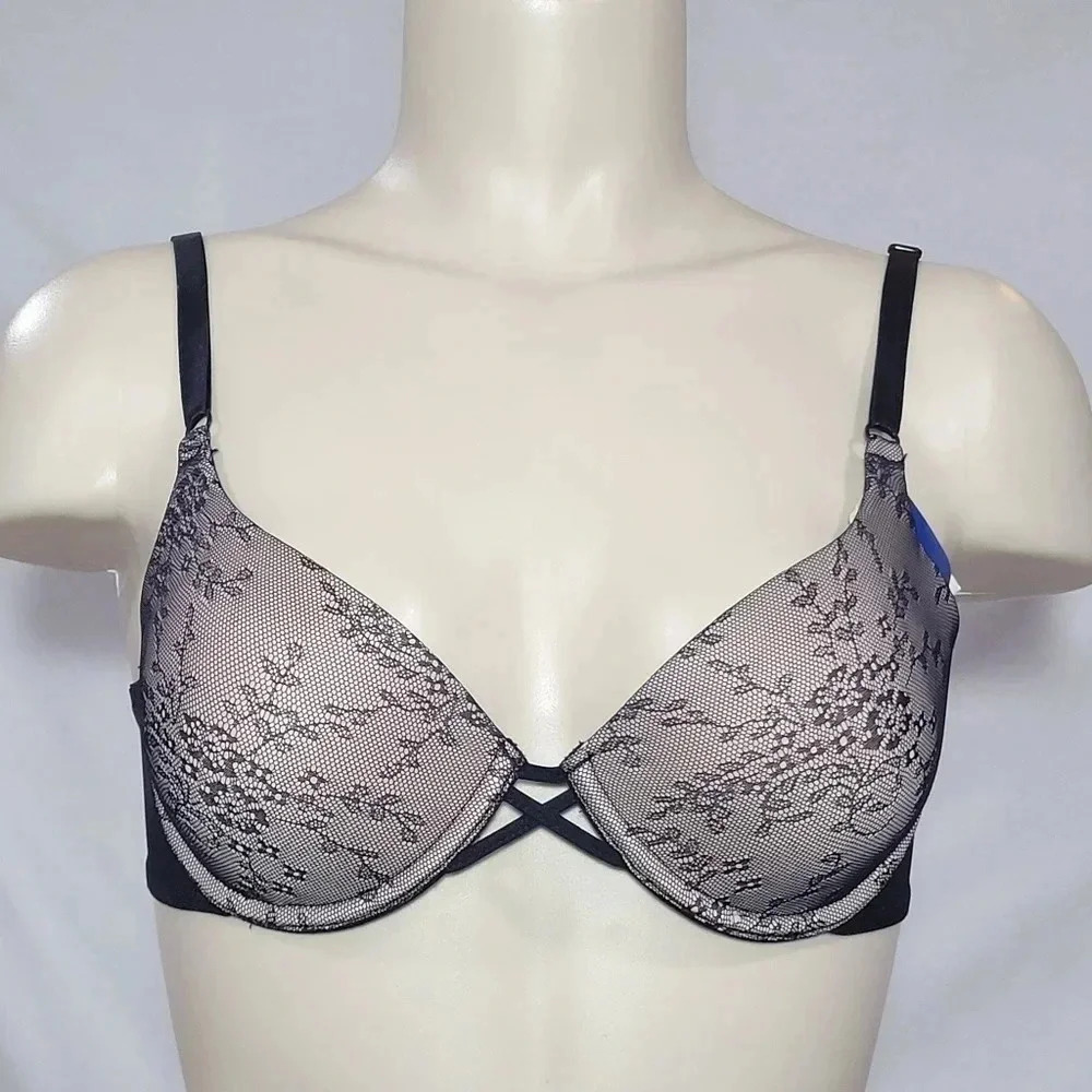 34B Lily Of France 2121275 LacePush an Underwire DemiUnderwire Bra Black NWT‎